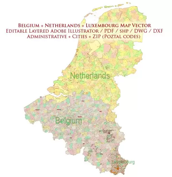 Belgium Netherladns Luxembourg Map Vector Cities + Admin + Postcodes Map editable ESRI Shapes .shp + PDF in layers