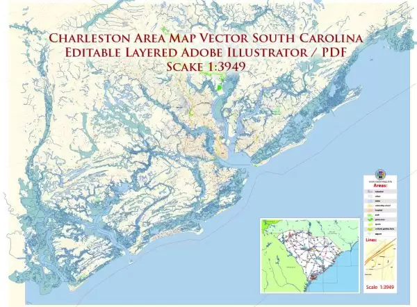 Charleston South Carolina US Map Vector Exact City Plan High Detailed Street Map editable Adobe Illustrator in layers