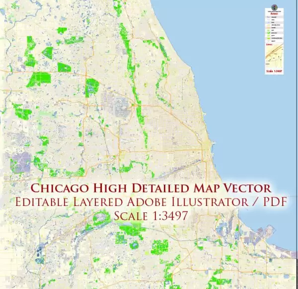 Chicago Illinois US Map Vector Exact City Plan High Detailed Street Map editable Adobe Illustrator in layers