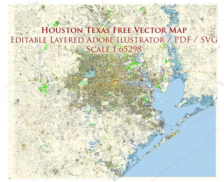 Houston Texas Map Vector Free Editable Layered Adobe Illustrator + PDF + SVG