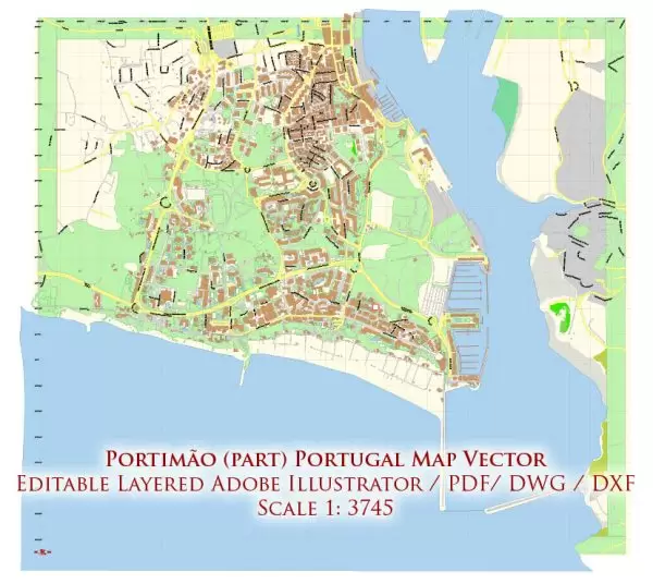 Portimao Portugal DWG DXF Map Vector Exact City Plan High Detailed Street Map Autocad + Adobe PDF in layers