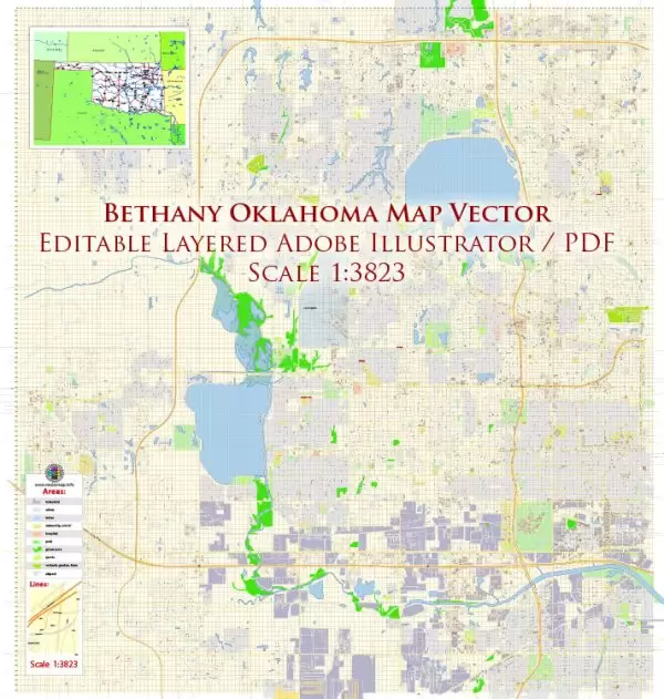 Bethany Oklahoma US Map Vector Exact Plan High Detailed Road Admin Map editable Adobe Illustrator in layers