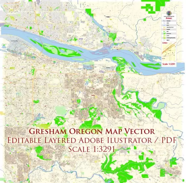 Gresham Oregon US Map Vector Exact City Plan High Detailed Street Map editable Adobe Illustrator in layers