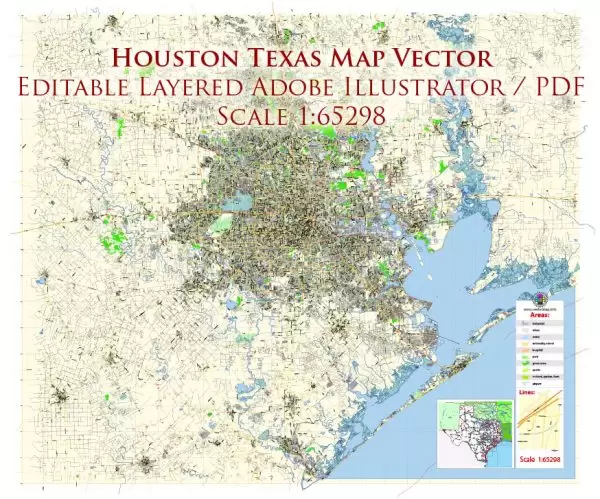 Houston Texas US Map Vector Exact City Plan Detailed Street Map editable Adobe Illustrator in layers
