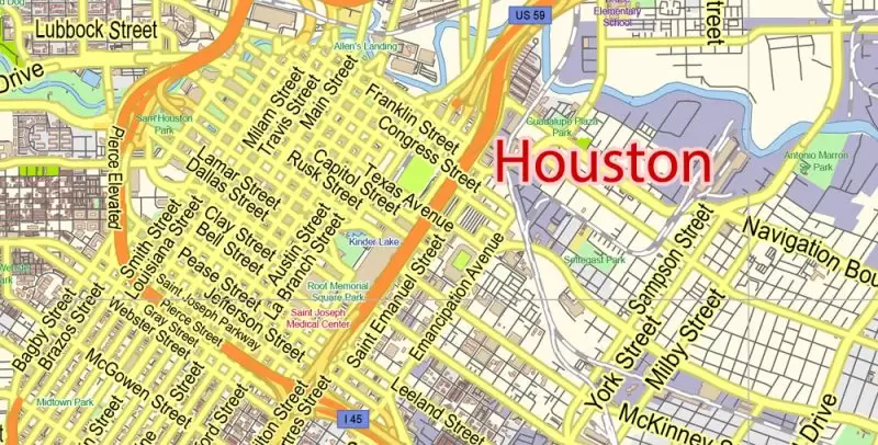 Houston Texas US Map Vector Exact City Plan Detailed Street Map editable Adobe Illustrator in layers