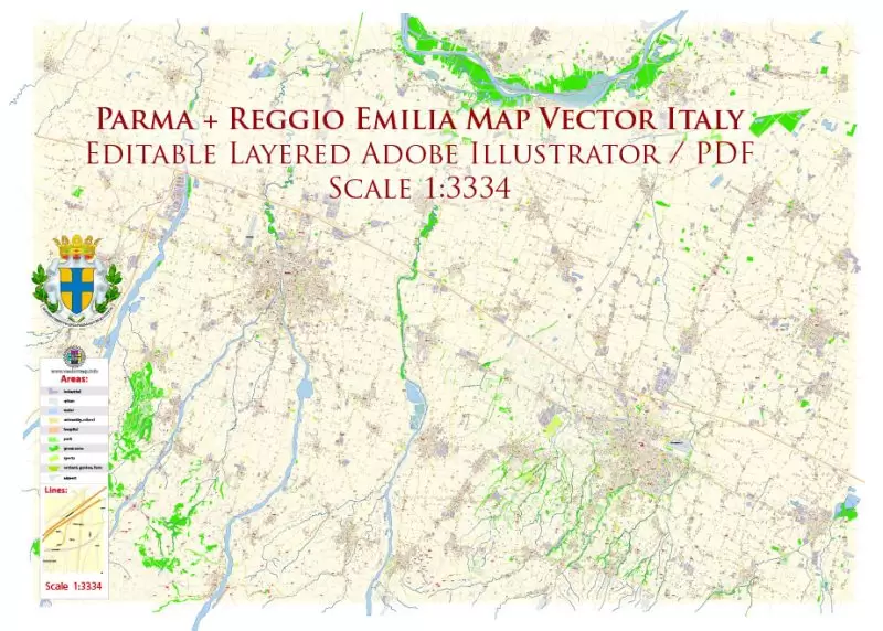 Parma Reggio Emilia Italy Map Vector Exact City Plan High Detailed Street Map editable Adobe Illustrator in layers