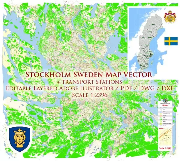 Stockholm Sweden DWG Map Vector Exact City Plan High Detailed Street Map AutoCAD + Adobe PDF in layers