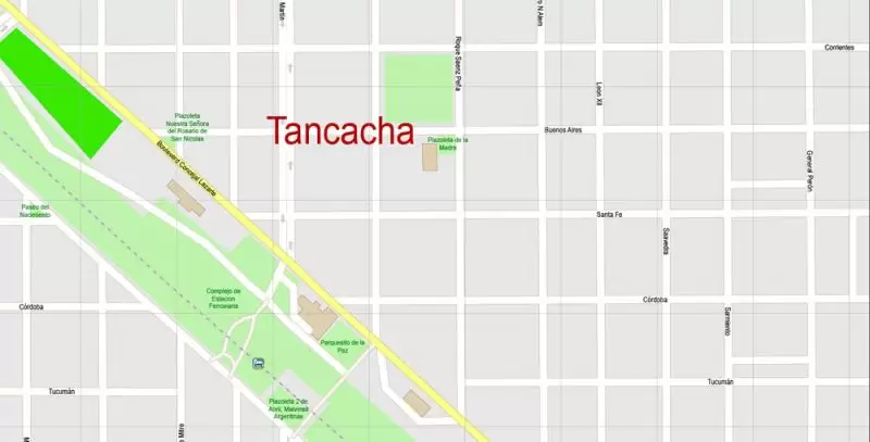 Tancacha Argentina Map Vector Exact City Plan High Detailed Street Map editable Adobe Illustrator in layers