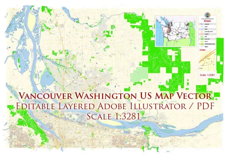 Vancouver Washington US Map Vector Exact City Plan High Detailed Street Map Adobe Illustrator in layers