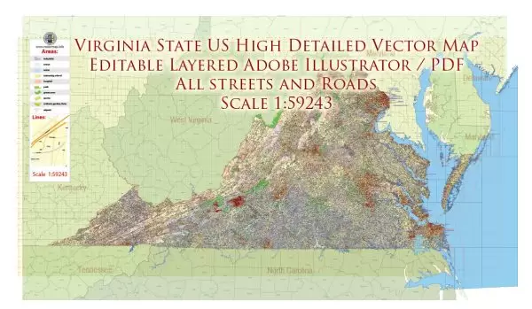 Virginia State US Map Vector Exact City Plan High Detailed Road Map + admin + Zipcodes editable Adobe Illustrator in layers