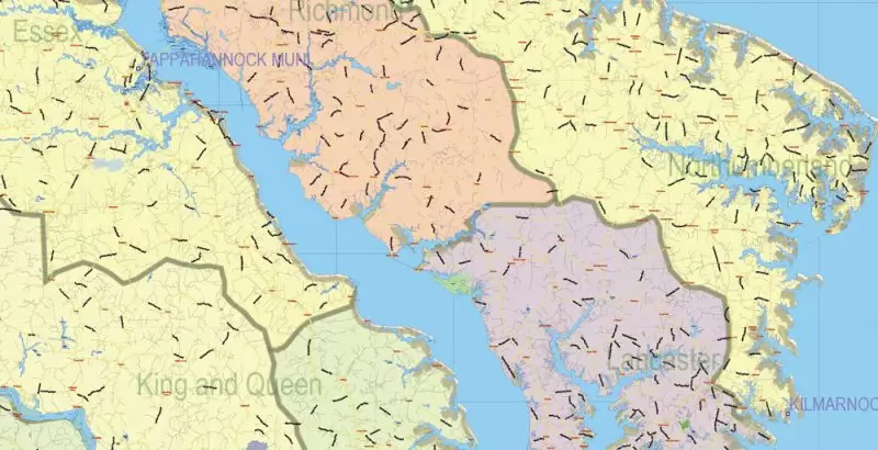 Virginia State US Map Vector Exact City Plan High Detailed Road Map + admin + Zipcodes editable Adobe Illustrator in layers