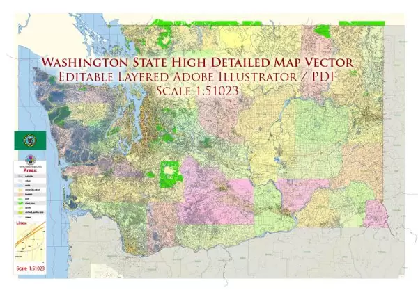 Washington State US Map Vector Exact State Plan High Detailed Road Map + admin + Zipcodes editable Adobe Illustrator in layers