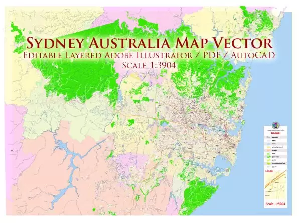 Sydney Australia DWG Map Vector Exact City Plan High Detailed Street Map AutoCAD + Adobe PDF in layers