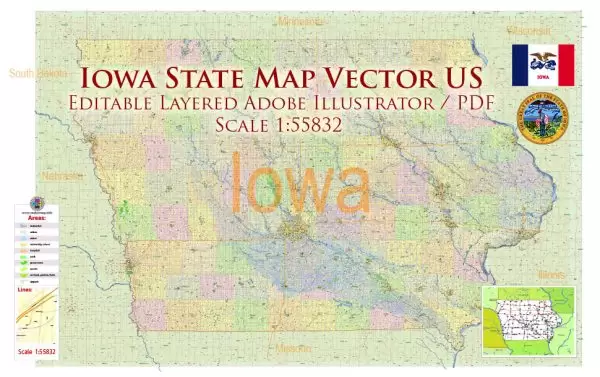 Iowa State US Map Vector Exact State Plan High Detailed Road Map + admin + Zipcodes editable Adobe Illustrator in layers