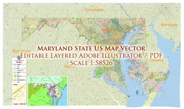 Maryland State US Map Vector Exact City Plan High Detailed Street Map + admin + Zipcodes editable Adobe Illustrator in layers