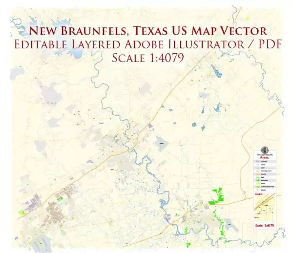 New Braunfels Texas US Map Vector Exact City Plan High Detailed Street Map editable Adobe Illustrator in layers