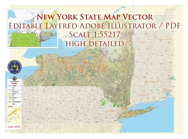 New York State US Map Vector Exact City Plan High Detailed Street Map + admin + Zipcodes editable Adobe Illustrator in layers