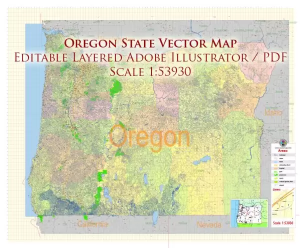 Oregon State US Map Vector Exact City Plan High Detailed Street Map + admin + Zipcodes editable Adobe Illustrator in layers