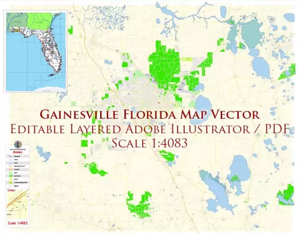 Gainesville Florida US Map Vector Exact City Plan High Detailed Street Map editable Adobe Illustrator in layers