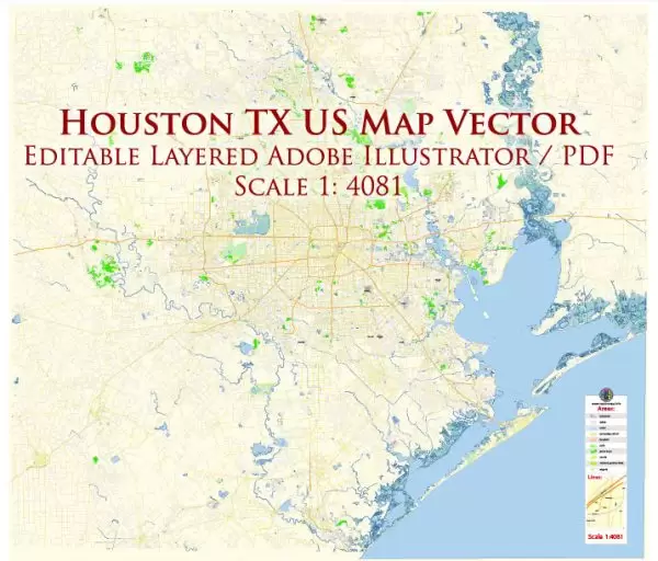 Houston Texas US Map Vector Exact City Plan High Detailed Street Map editable Adobe Illustrator in layers