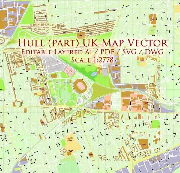 Hull UK part Map Vector Exact City Plan High Detailed Street Map editable Adobe Illustrator + PDF + SVG + DWG in layers