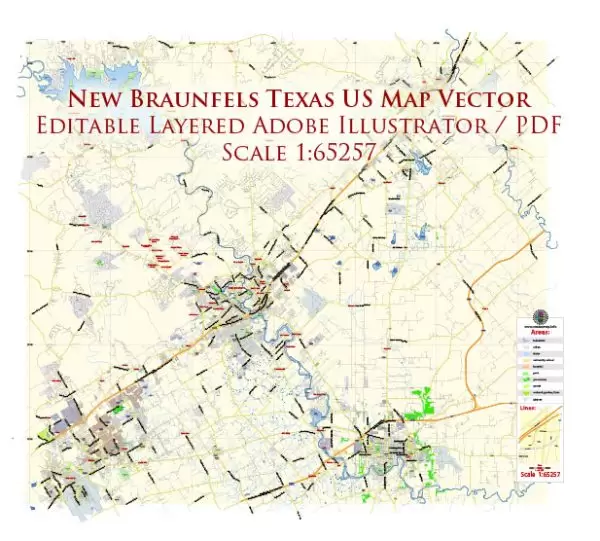 New Braunfels Texas US Map Vector Exact City Plan Low Detailed Street Map editable Adobe Illustrator in layers