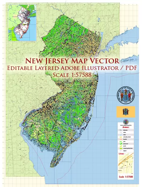New Jersey State US Map Vector Exact State Plan High Detailed Road Map + admin + Zipcodes editable Adobe Illustrator in layers