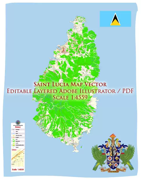 Saint Lucia Island Map Vector Exact City Plan High Detailed Street Map editable Adobe Illustrator in layers