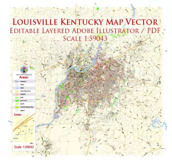 Louisville Kentucky US Map Vector Exact City Plan Low Detailed Street Map editable Adobe Illustrator in layers