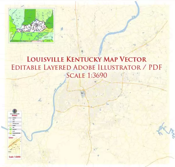 Louisville Kentucky US Map Vector Exact City Plan High Detailed Street Map editable Adobe Illustrator in layers
