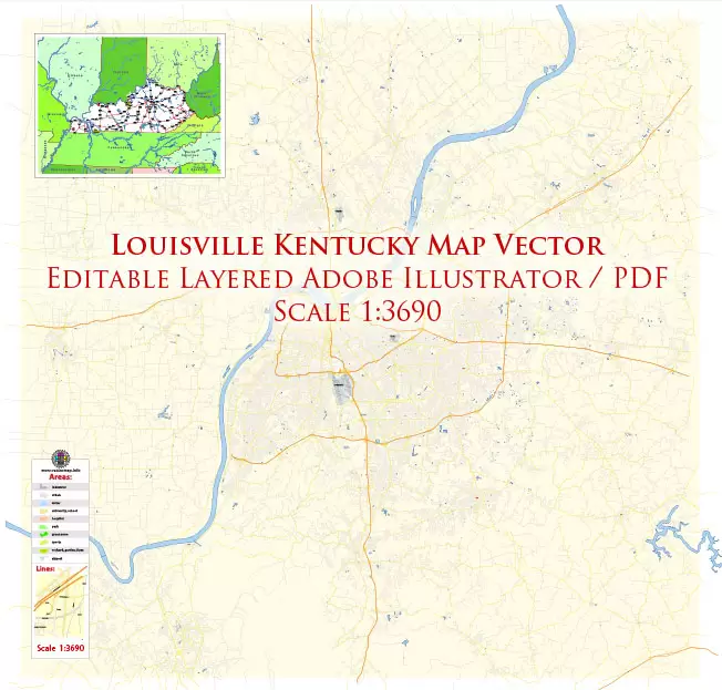 Louisville Kentucky US Map Vector Exact City Plan High Detailed Street Map editable Adobe Illustrator in layers