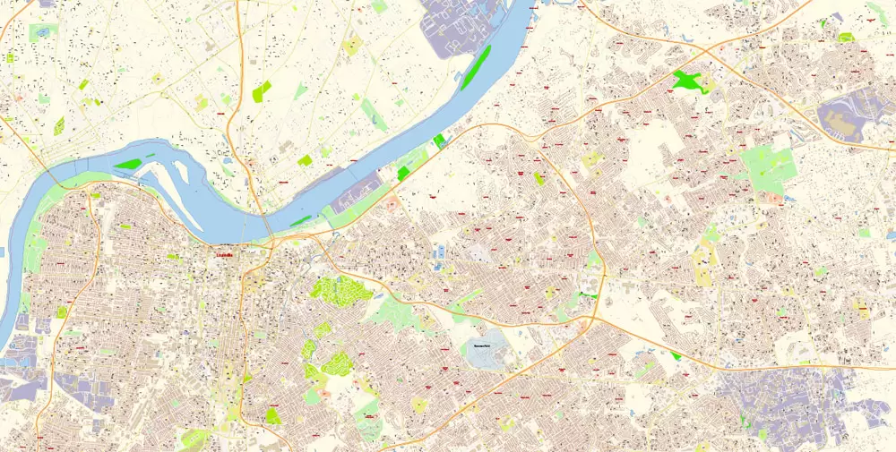 Louisville Kentucky US Map Vector Exact City Plan High Detailed Street Map editable Adobe Illustrator in layers