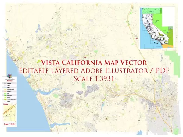 Vista California US Map Vector Exact City Plan High Detailed Street Map editable Adobe Illustrator in layers