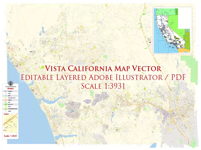 Vista California US Map Vector Exact City Plan High Detailed Street Map editable Adobe Illustrator in layers
