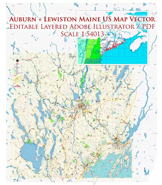 Auburn + Lewiston Maine US Map Vector Exact City Plan Low Detailed Street Map editable Adobe Illustrator in layers