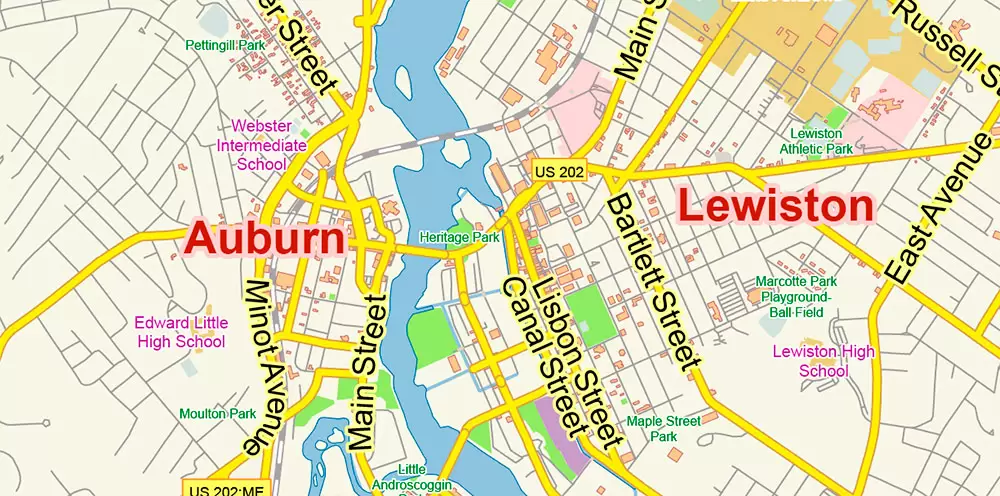 Auburn + Lewiston Maine US PDF Map Vector Exact City Plan Low Detailed Street Map editable Adobe PDF in layers