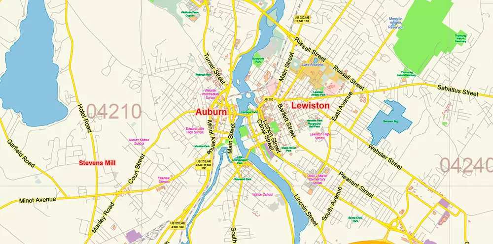 Auburn + Lewiston Maine US PDF Map Vector Exact City Plan Low Detailed Street Map editable Adobe PDF in layers