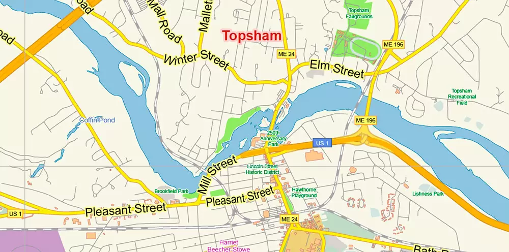 Auburn + Lewiston Maine US PDF Map Vector Exact City Plan Low Detailed Street Map editable Adobe PDF in layers