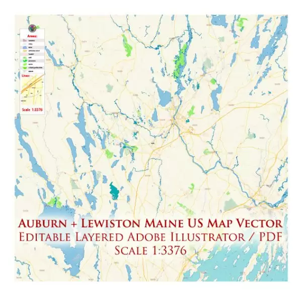 Auburn + Lewiston Maine US Map Vector Exact City Plan High Detailed Street Map editable Adobe Illustrator in layers
