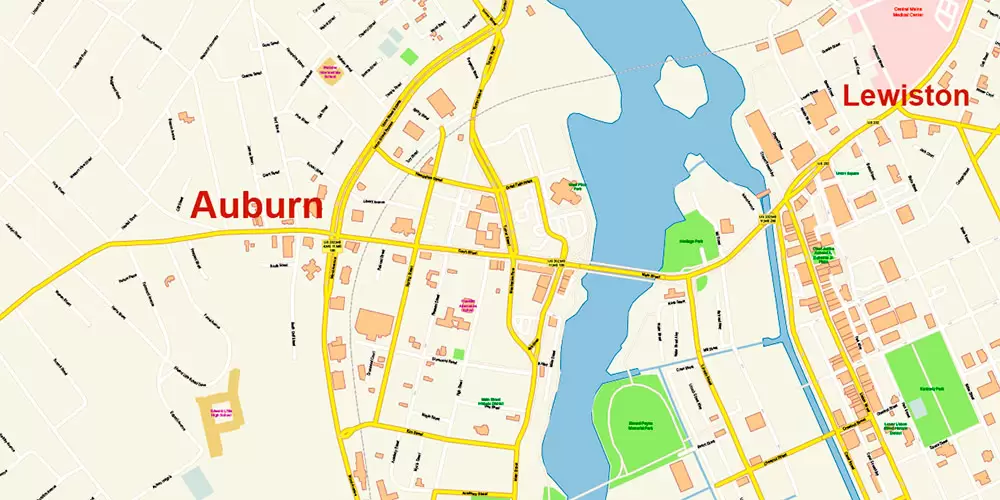 Auburn + Lewiston Maine US Map Vector Exact City Plan High Detailed Street Map editable Adobe Illustrator in layers