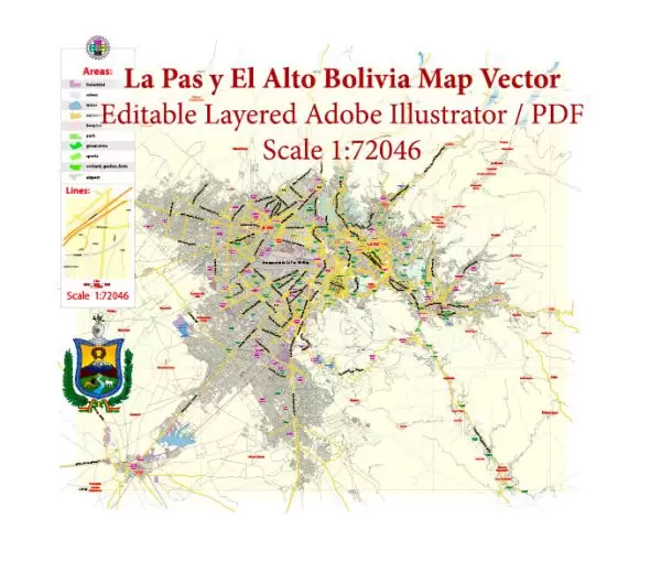 La Paz El Alto Bolivia Map Vector Exact City Plan Low Detailed Street Map editable Adobe Illustrator in layers