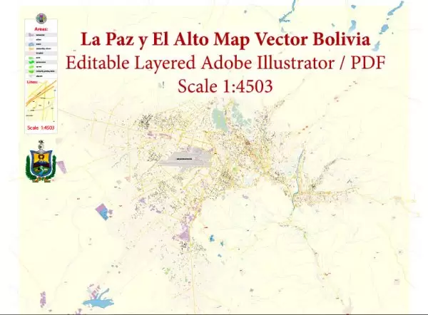 La Paz El Alto Bolivia Map Vector Exact City Plan High Detailed Street Map editable Adobe Illustrator in layers