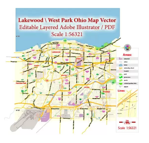 Lakewood Ohio US Map Vector Exact City Plan Low Detailed Street Map editable Adobe Illustrator in layers