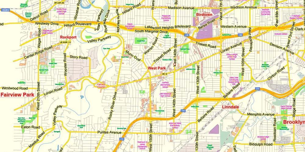 Lakewood Ohio US Map Vector Exact City Plan Low Detailed Street Map editable Adobe Illustrator in layers