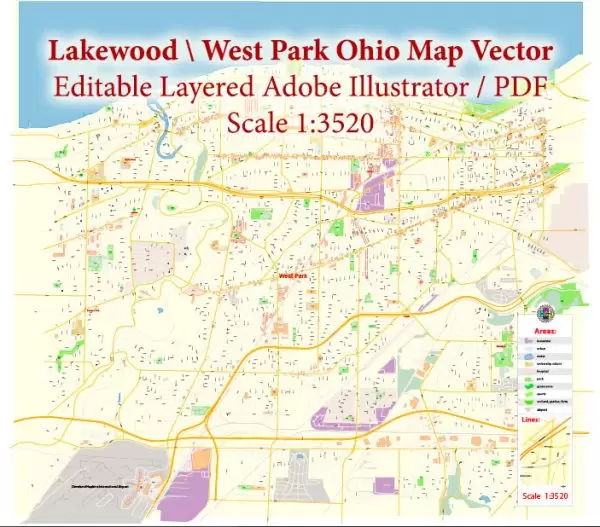Lakewood Ohio US Map Vector Exact City Plan High Detailed Street Map editable Adobe Illustrator in layers