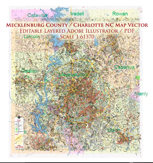 Mecklenburg County Charlotte North Carolina US Map Vector Exact City Plan Detailed Street Map +Admin + Zipcodes editable Adobe Illustrator in layers