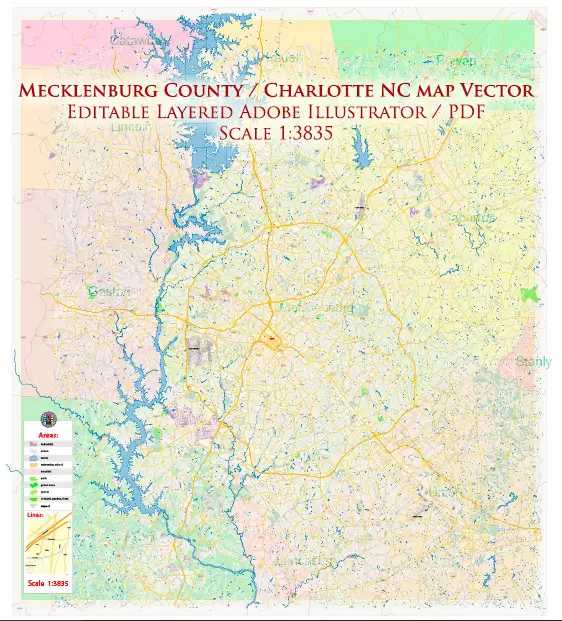 Mecklenburg County Charlotte North Carolina US Map Vector Exact City and County Plan High Detailed Street Map + admin + zipcodes editable Adobe Illustrator in layers