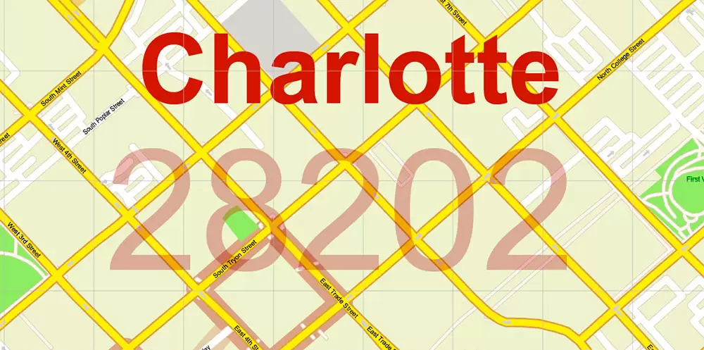 Mecklenburg County Charlotte North Carolina US Map Vector Exact City and County Plan High Detailed Street Map + admin + zipcodes editable Adobe Illustrator in layers