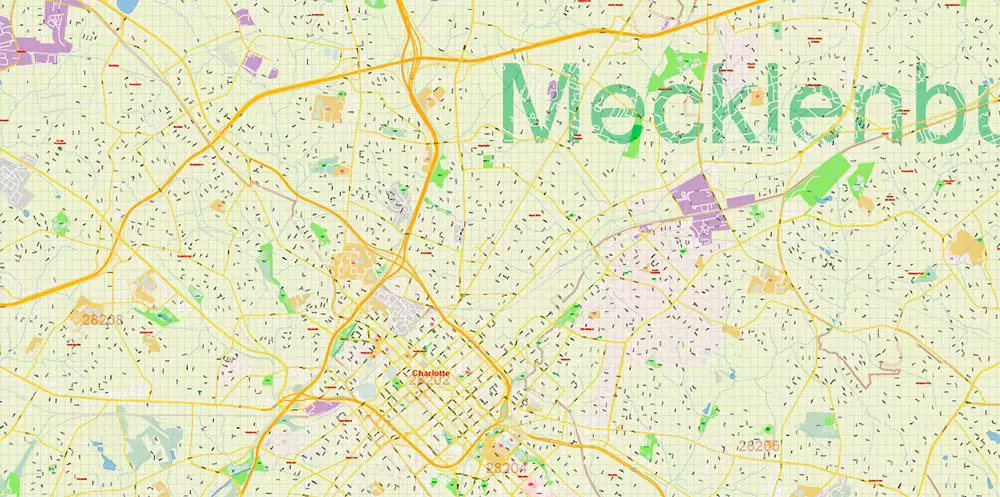 Mecklenburg County Charlotte North Carolina US Map Vector Exact City and County Plan High Detailed Street Map + admin + zipcodes editable Adobe Illustrator in layers