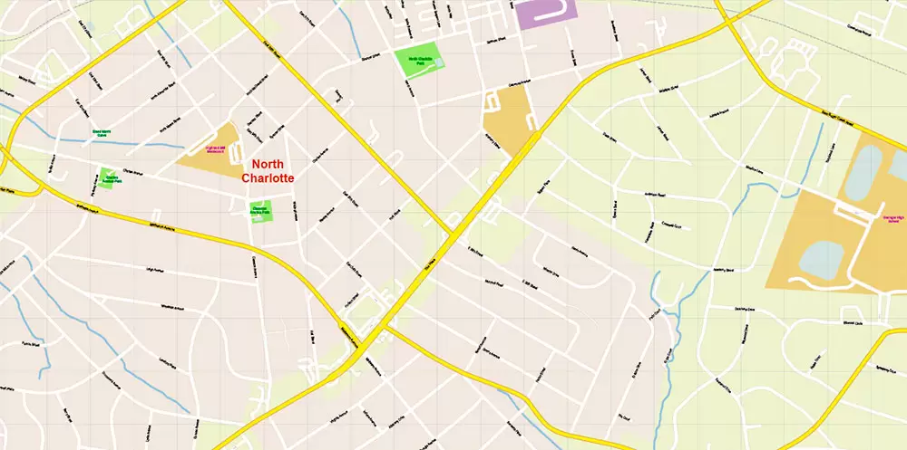 Mecklenburg County Charlotte North Carolina US Map Vector Exact City and County Plan High Detailed Street Map + admin + zipcodes editable Adobe Illustrator in layers